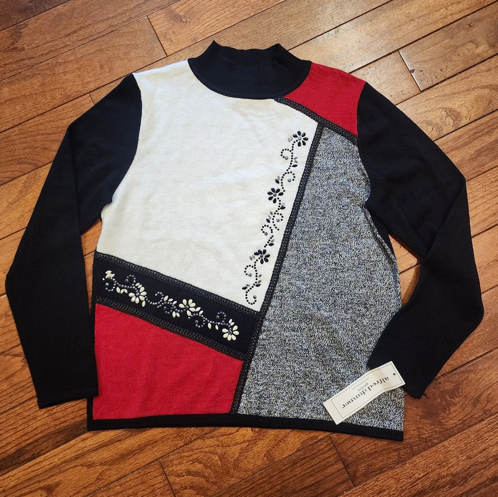 NWT Embellished Sweater Colorblock Mock Neck Alfred Dunner PM